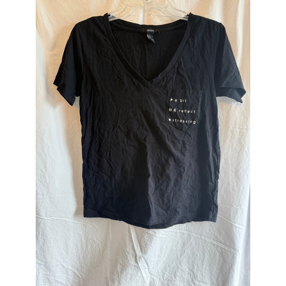 Forever 21 Womens Black V-Neck‎ Pocket Graphic T-Shirt Size Small Short Sleeve